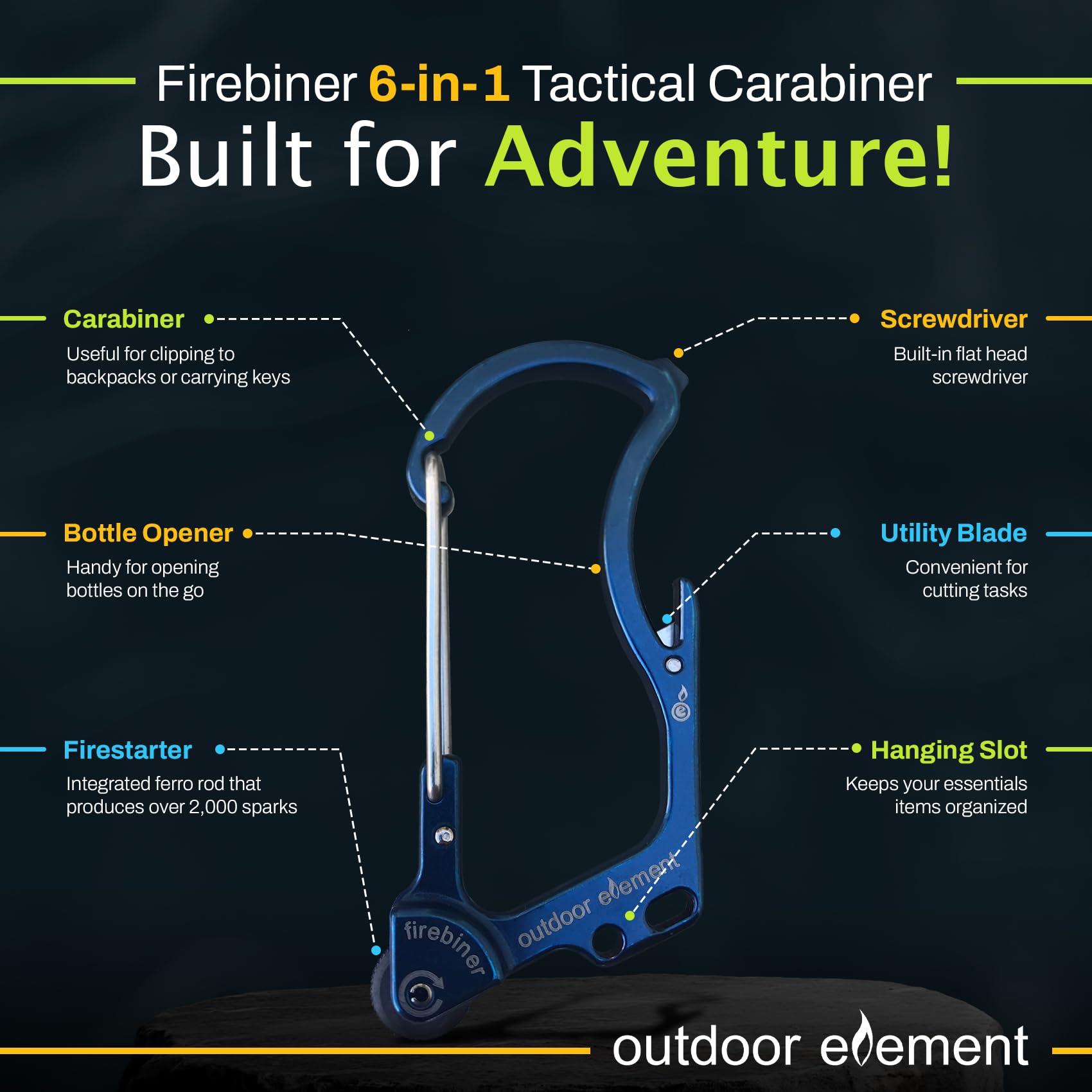 OUTDOOR ELEMENT Firebiner utility blade edge for quick line cuts and gear prep.