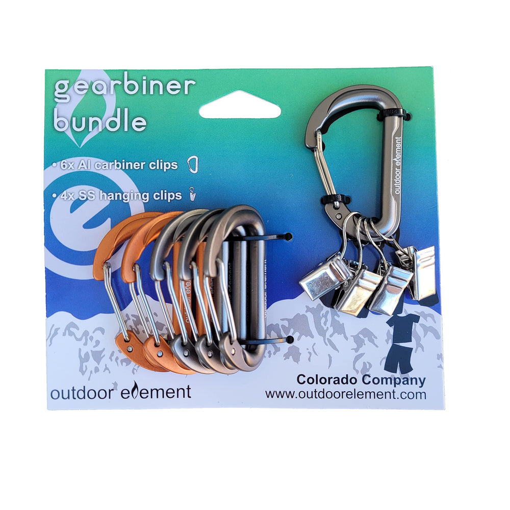 Outdoor Element six-pack gearbiner set with small clips for organized keys and gear.