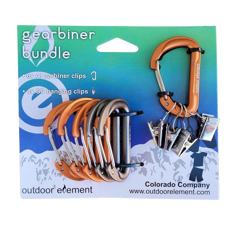 Outdoor Element heavy duty carabiner secures a water bottle and a flashlight.