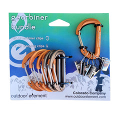 Outdoor Element heavy duty carabiner secures a water bottle and a flashlight.