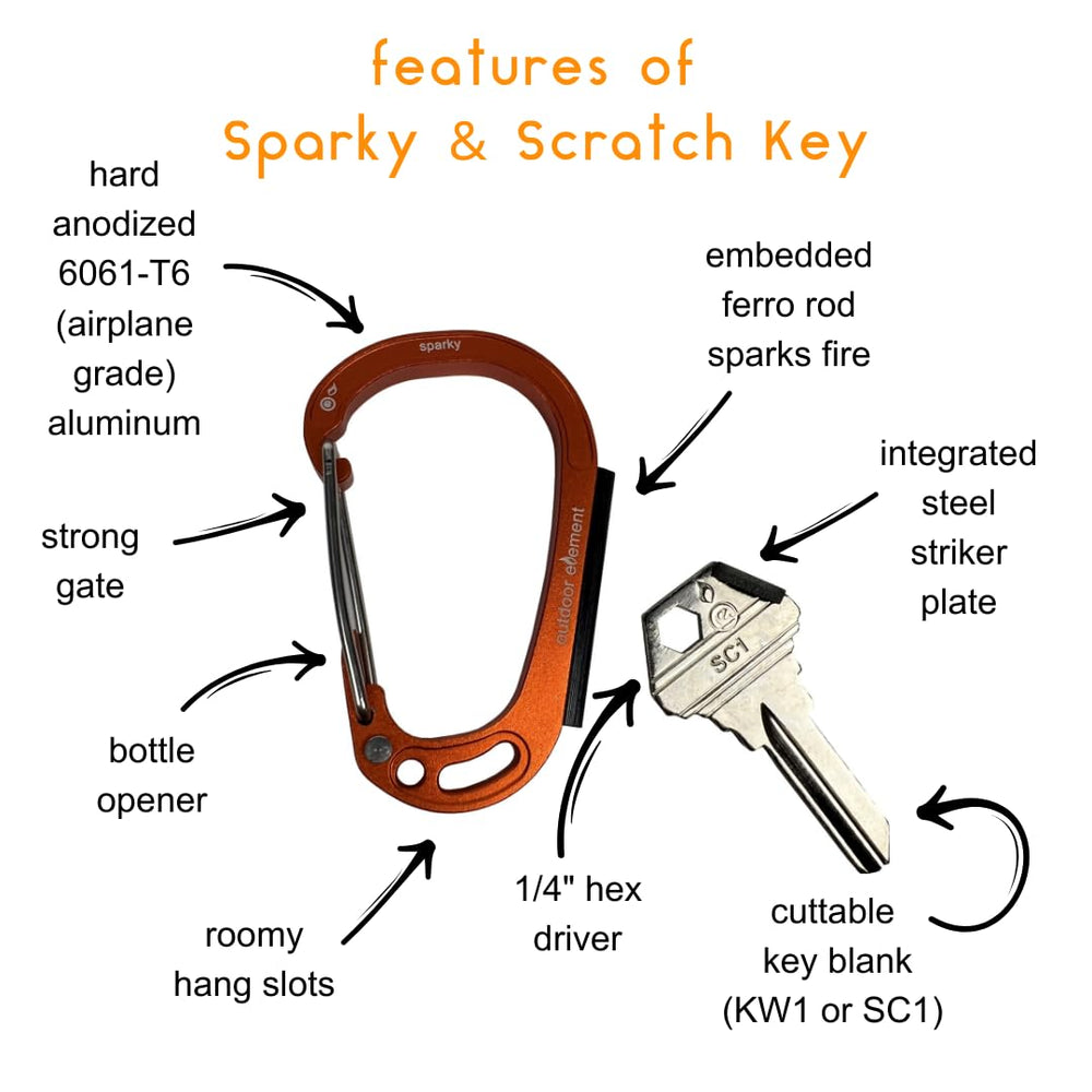 Outdoor Element Sparky & Scratch bottle opener integrated into rugged keycarabiner.