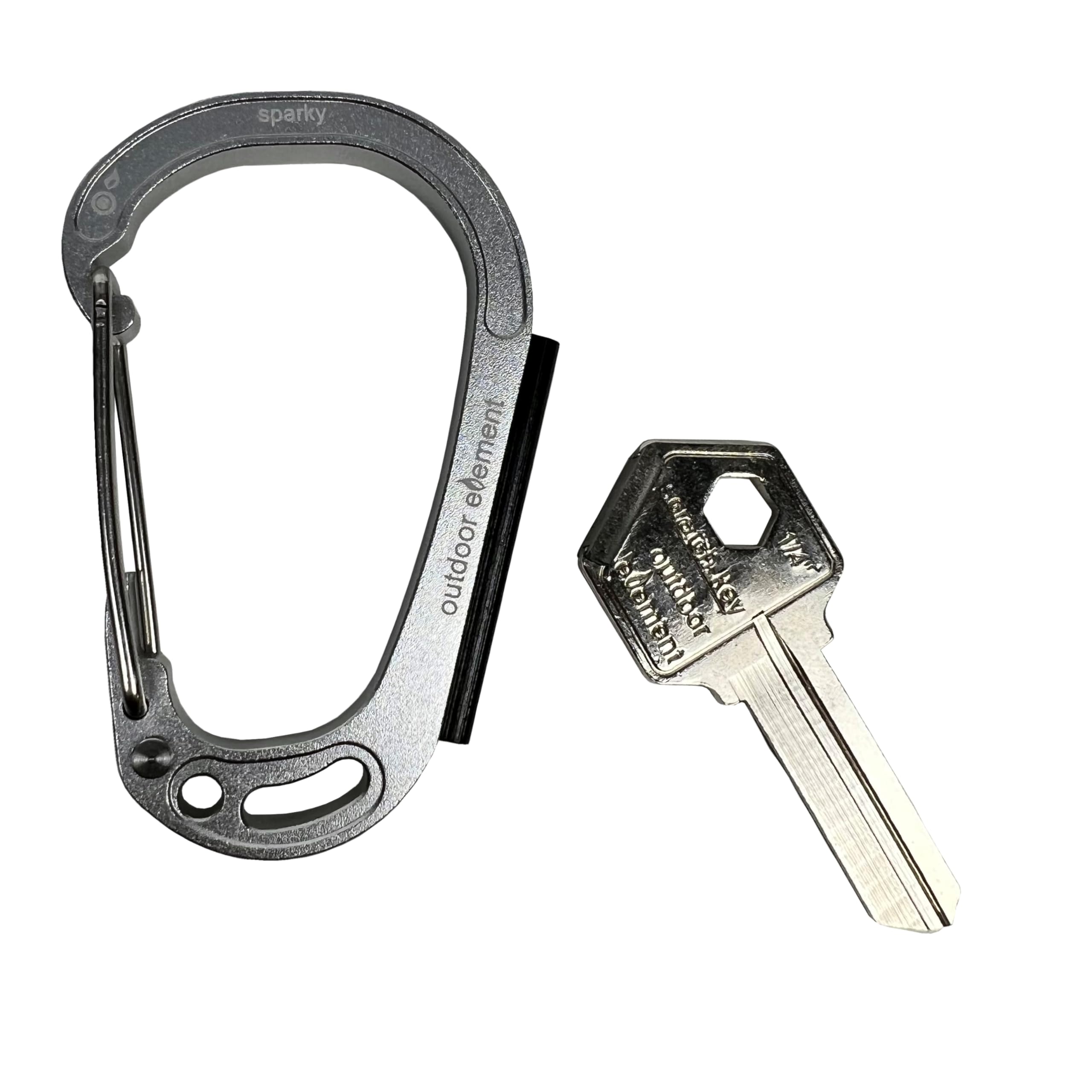 Outdoor Element Sparky & Scratch keycarabiner with fire starter for camping.