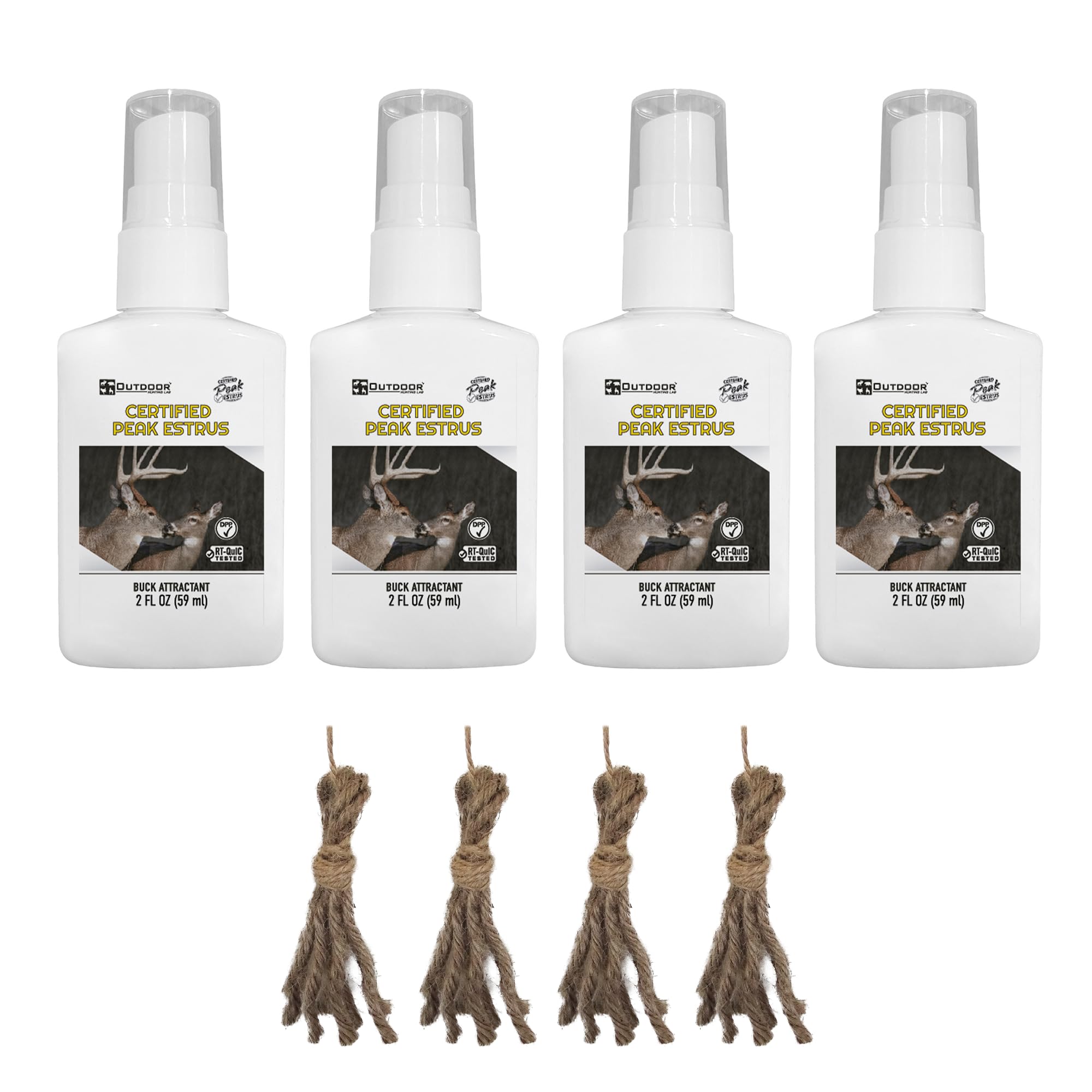 Outdoor Hunting Lab Peak Doe Estrus Spray bottle for attracting deer during hunts.