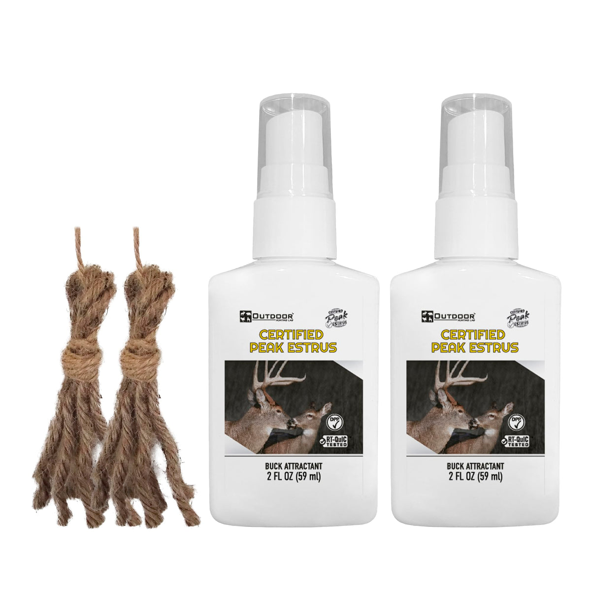 Outdoor Hunting Lab peak doe estrus spray bottle front view, ideal for authentic deer attraction.