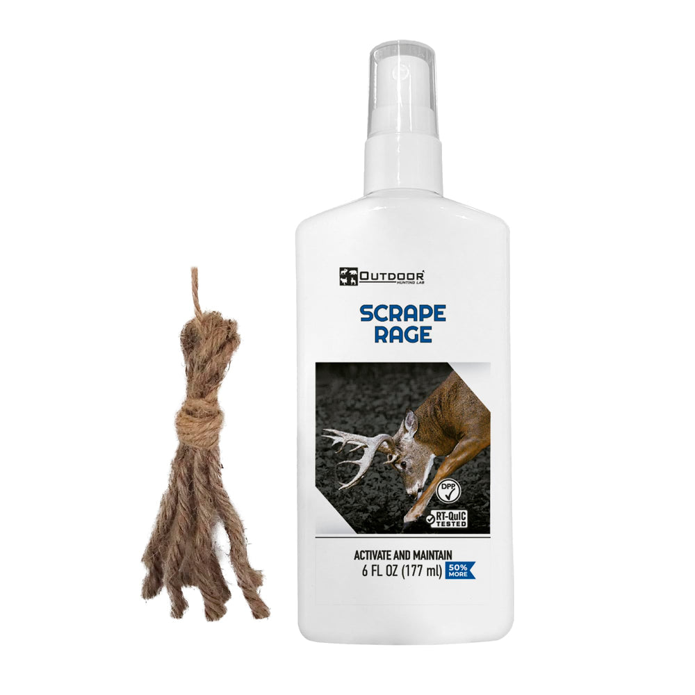Outdoor Hunting Lab Scrape Rage bottle pour shows potent deer scent for quick attraction.