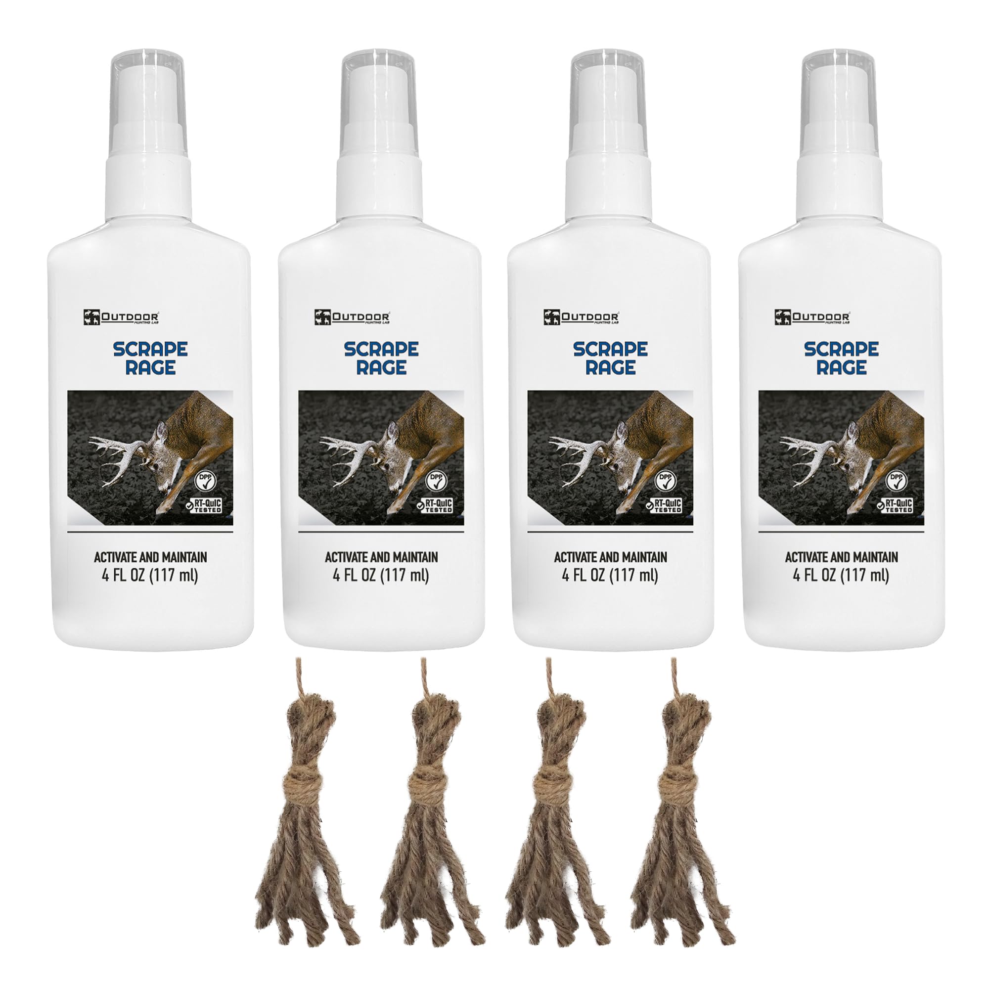 Outdoor Hunting Lab Scrape Rage deer urine 4oz bottle pour for quick scent-marking in mock scrapes.