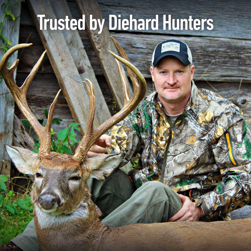 Outdoor Hunting Lab Scrape Rage deer urine mock-scrape setup showing inviting buck markers.