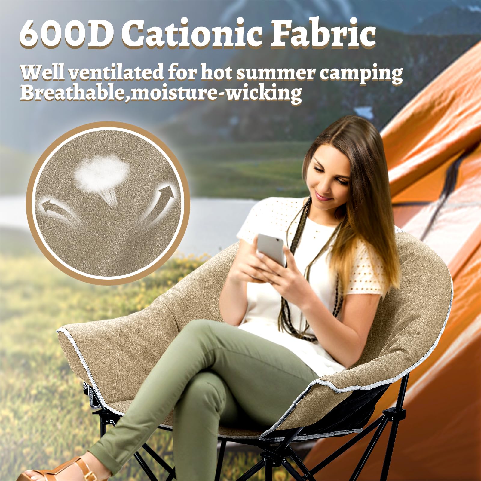 OUTDOOR LIVING SUNTIME 600D cationic fabric close-up shows breathable padding.