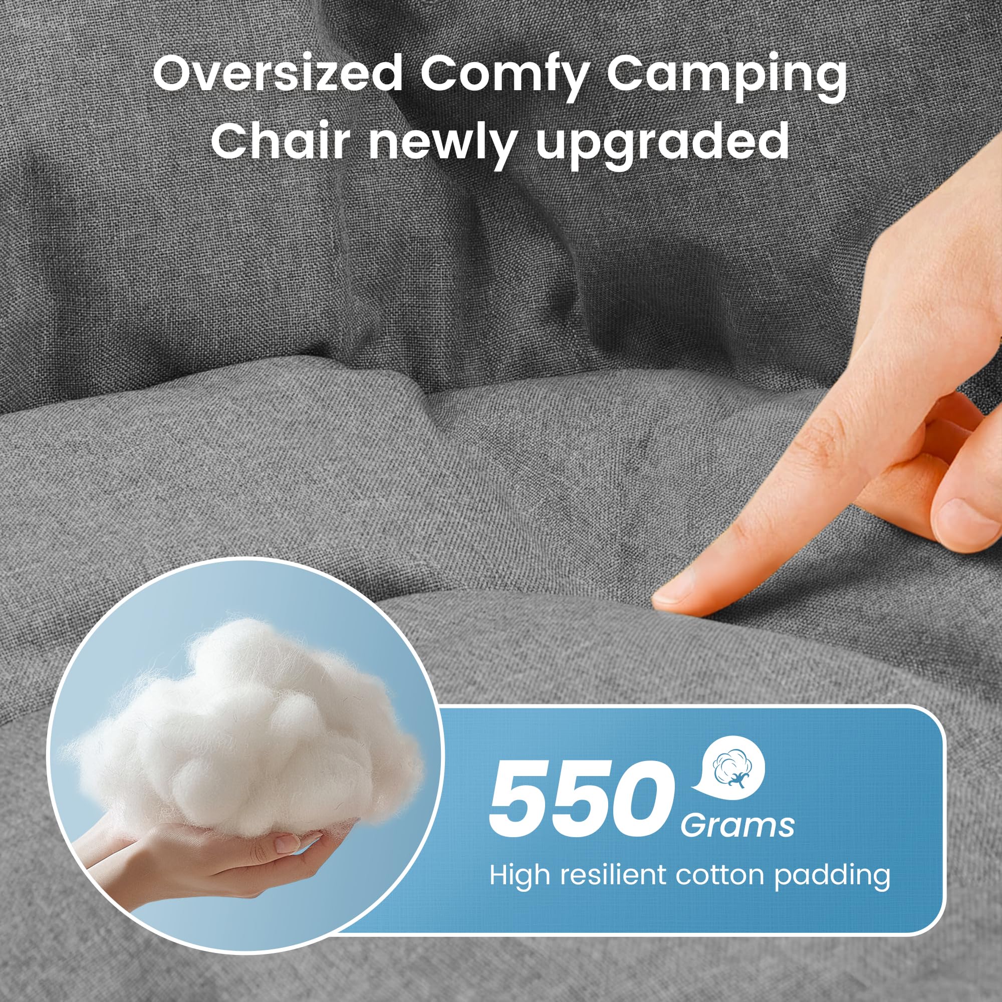 Campside setup featuring OUTDOOR LIVING SUNTIME chair in gray.