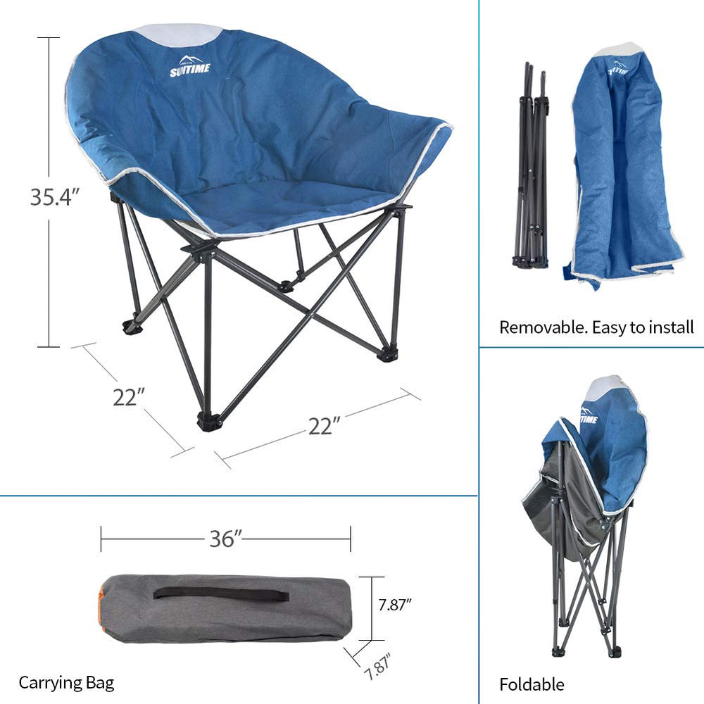OUTDOOR LIVING SUNTIME moon chair blue folded compact for easy transport and storage