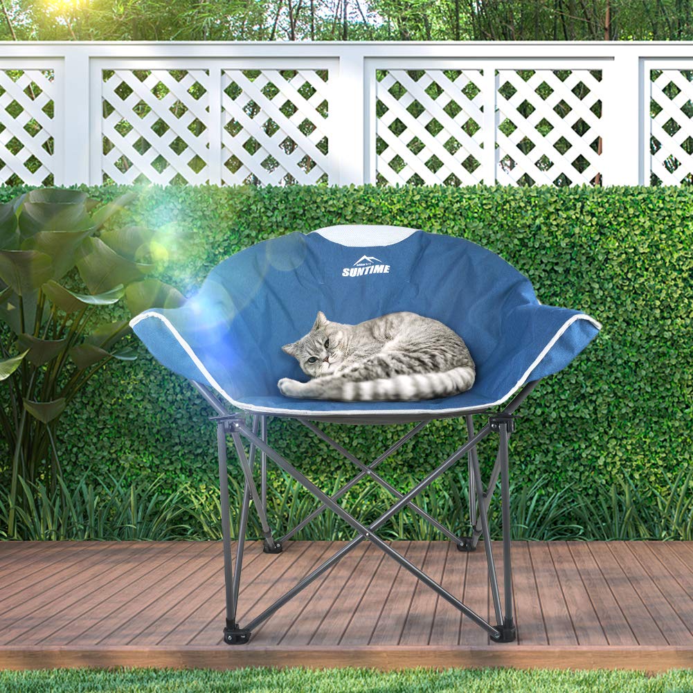 OUTDOOR LIVING SUNTIME moon chair blue in use during outdoor gathering
