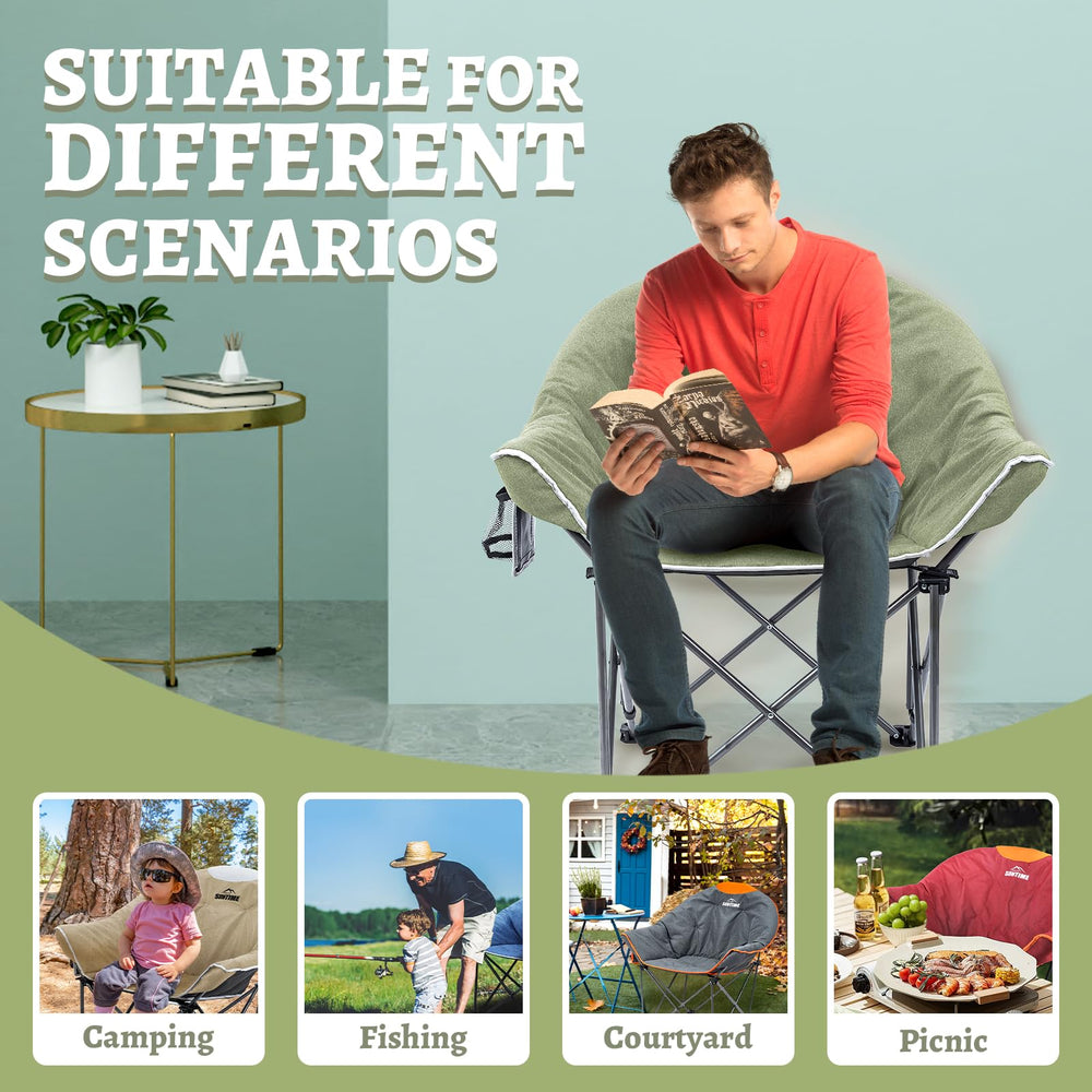 OUTDOOR LIVING SUNTIME Moon Chair multipurpose use for camping, hiking, fishing, and events.