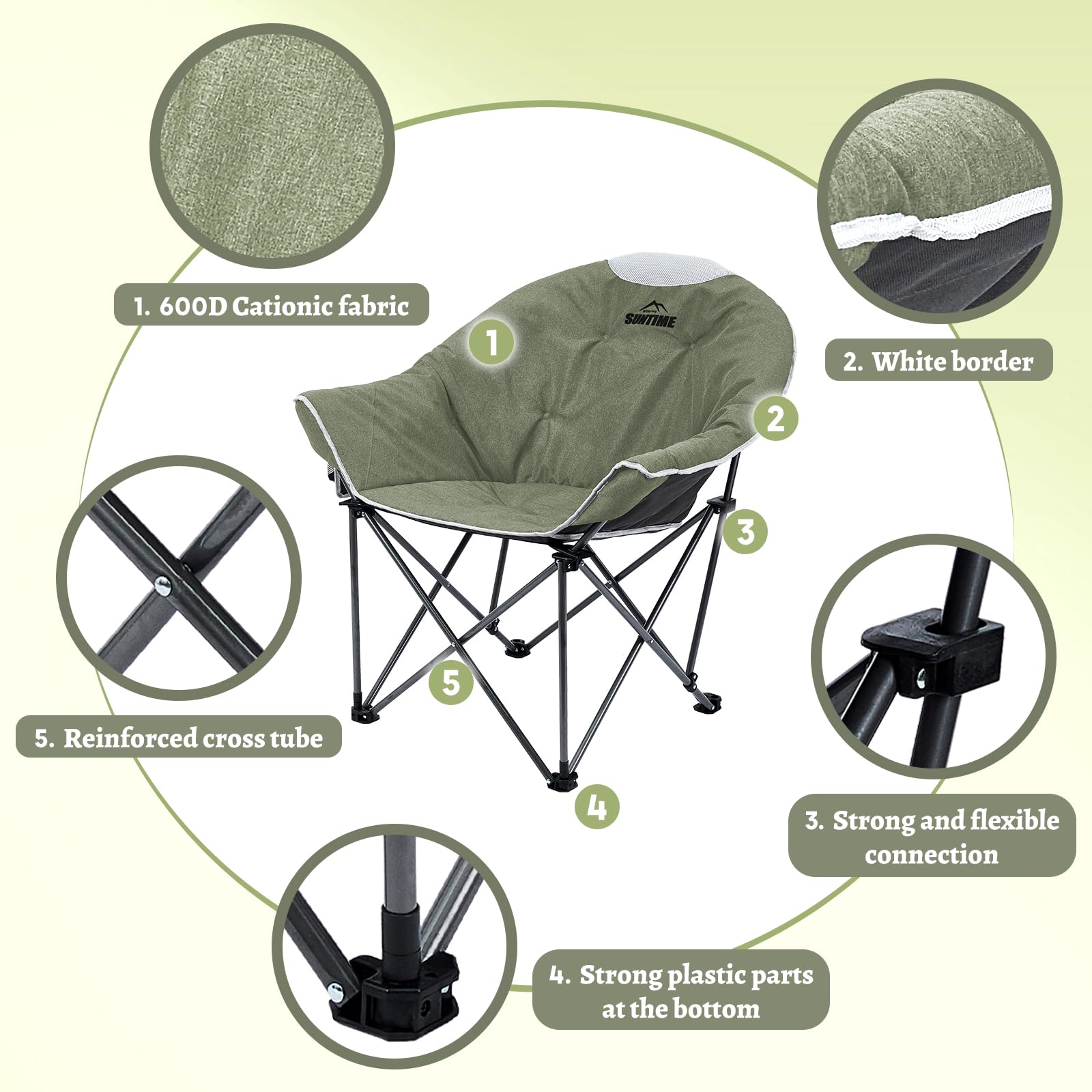 OUTDOOR LIVING SUNTIME Moon Chair stable frame supports steady seating on uneven terrain.