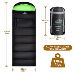 Outdoor On-Green sleeping bag shows adjustable hood to trap warmth.