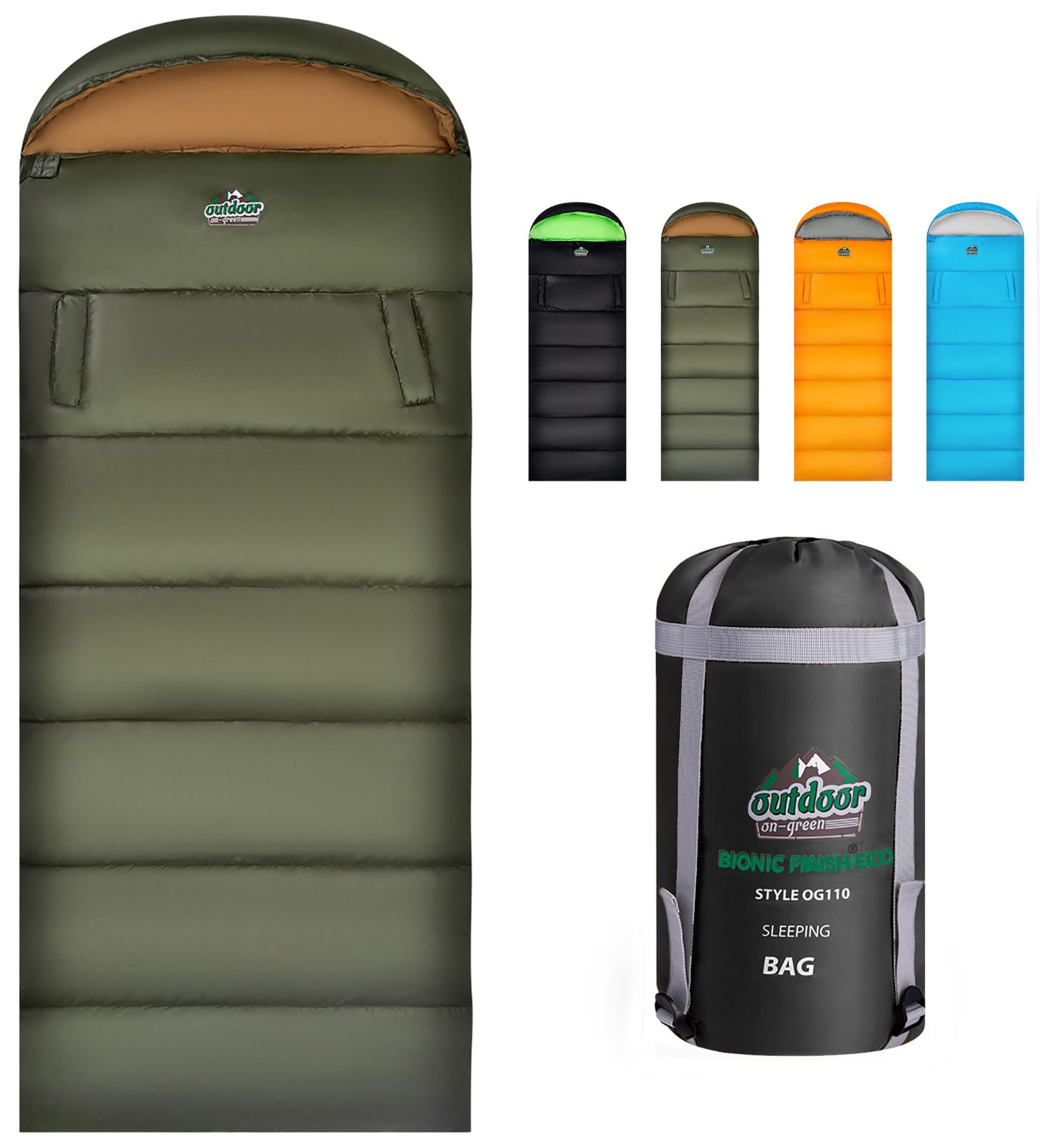 Outdoor On-Green sleeping bag in packed compression sack for easy backpacking.