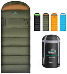 Outdoor On-Green sleeping bag in packed compression sack for easy backpacking.