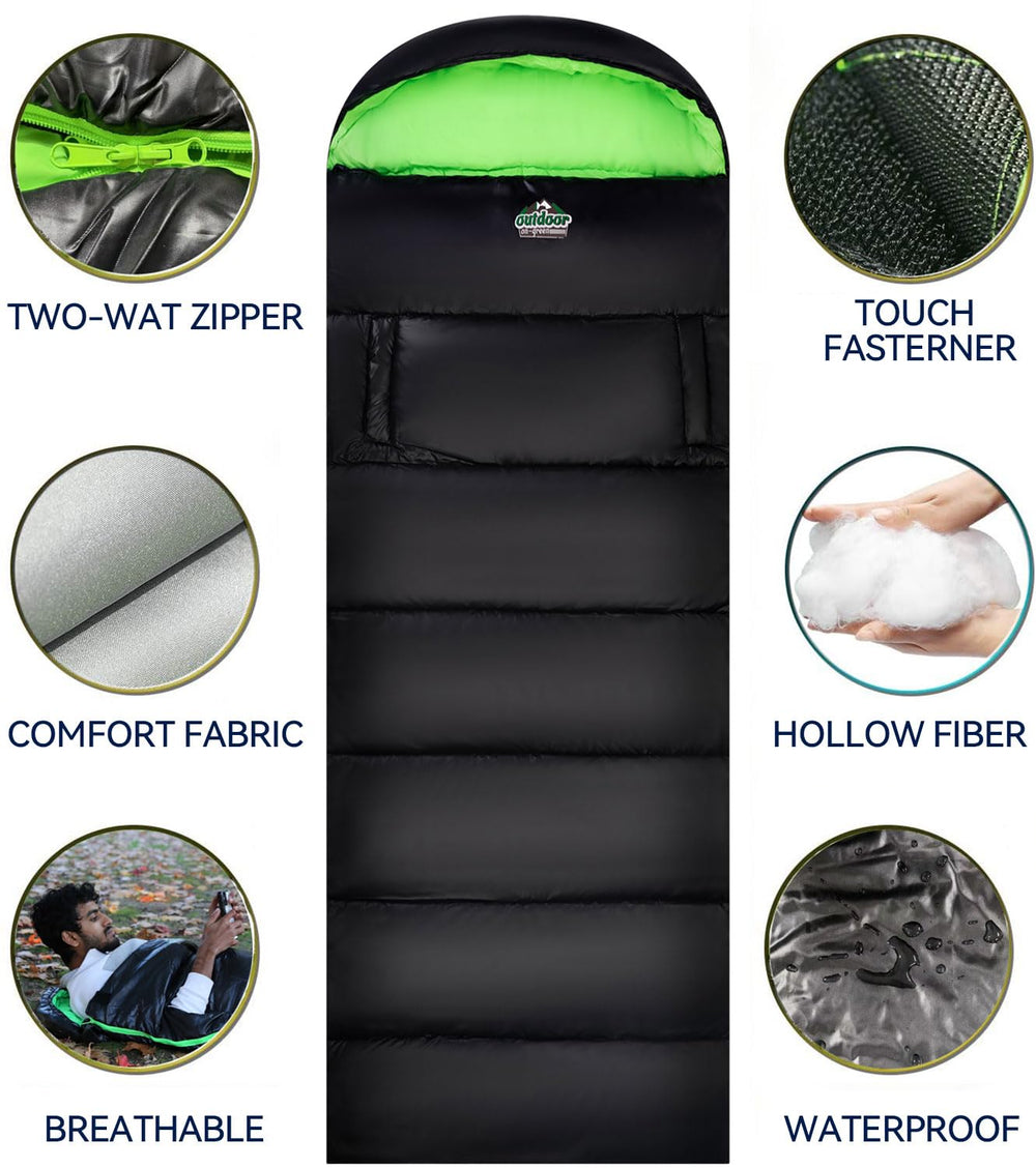 Outdoor On-Green sleeping bag features a two-way zipper for adjustable ventilation.