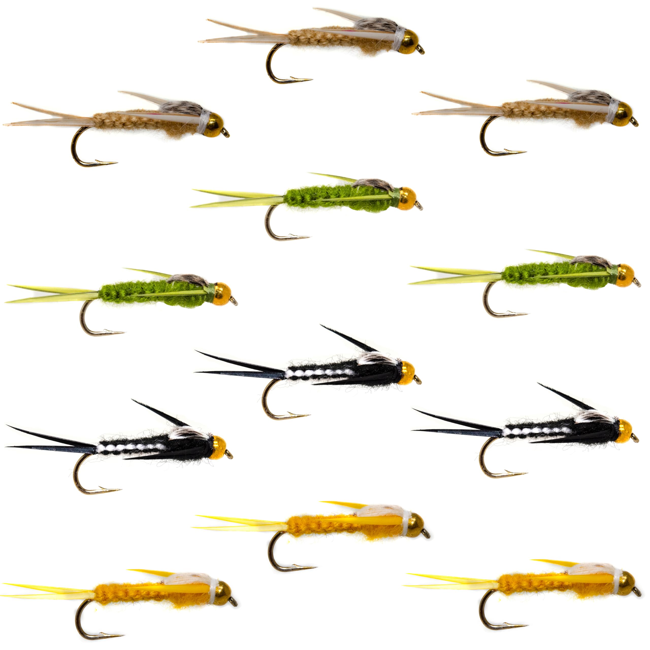 Outdoor Planet 12-beadhead woven stonefly nymphs in a fly box, great for trout