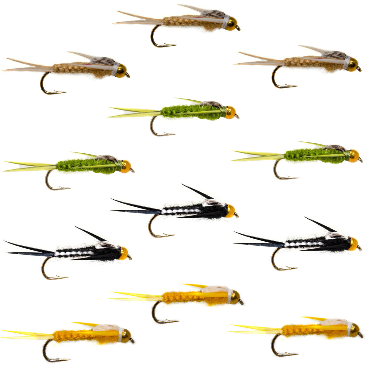 Outdoor Planet 12-beadhead woven stonefly nymphs in a fly box, great for trout