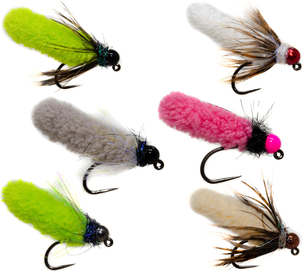 Outdoor Planet 12 Tungsten Mop Flies assortment pack for deep-water trout fishing.
