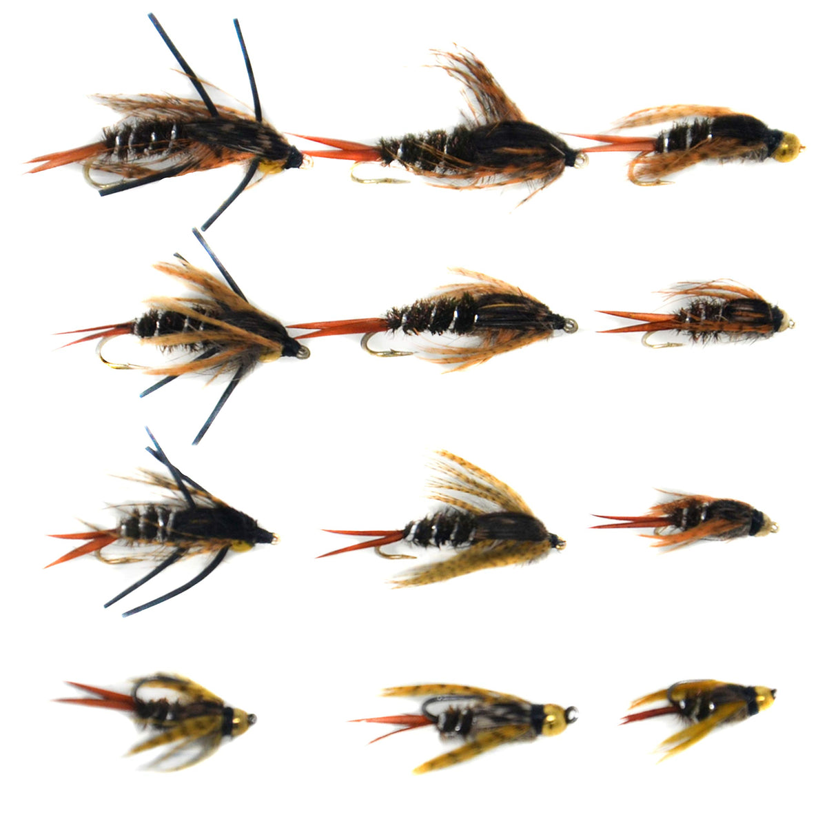 Outdoor Planet 12pcs 20 inch Attractor assortment nymph stonefly for deep-water trout presentations.