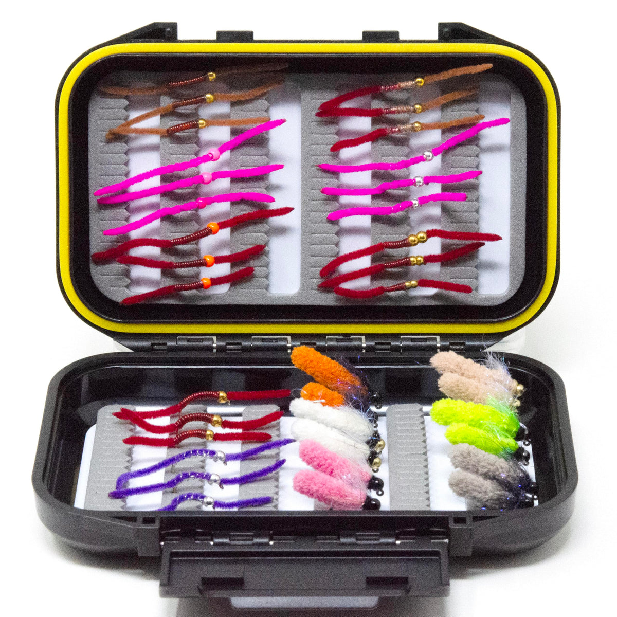 Outdoor Planet 36 Mop Jig Flies with tungsten beads for deep-water trout fishing.