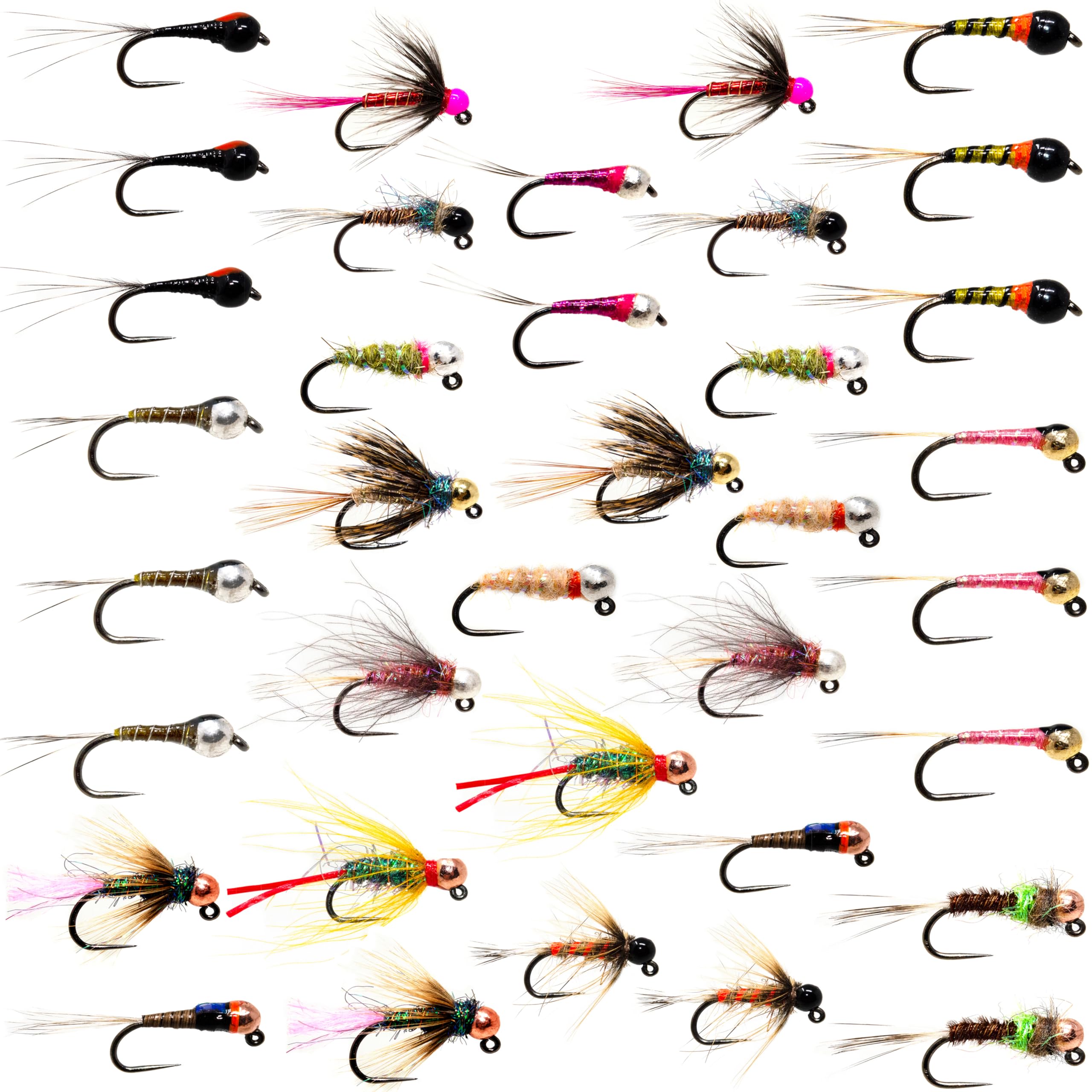 Outdoor Planet 36 tungsten perdigon and nymphs assortment for deep-water targeting in streams.