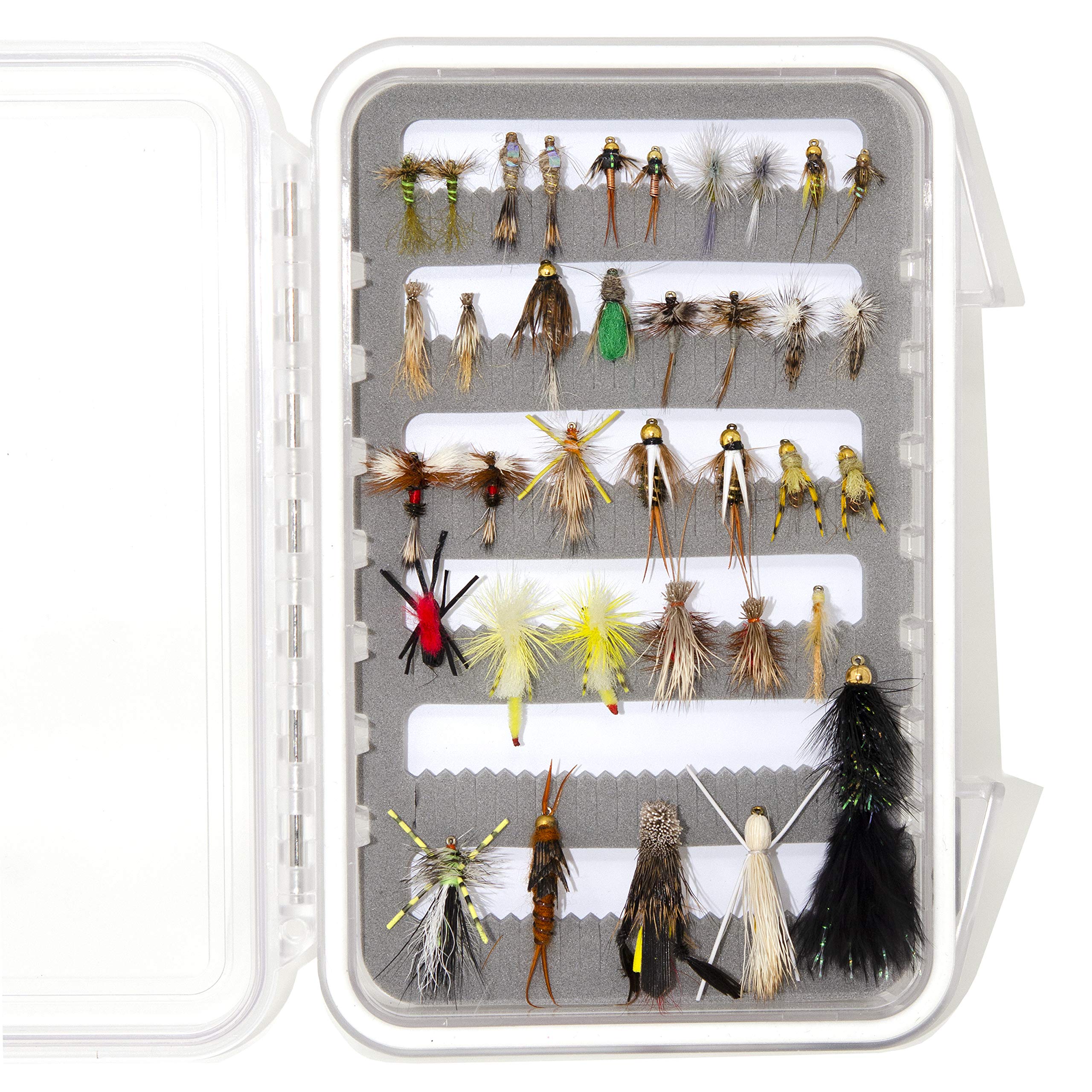 Outdoor Planet 36-piece fly box open with dries, wets, and nymphs for versatile trout fishing.
