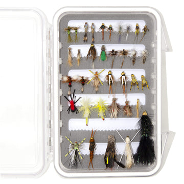 Outdoor Planet 36-piece fly box open with dries, wets, and nymphs for versatile trout fishing.