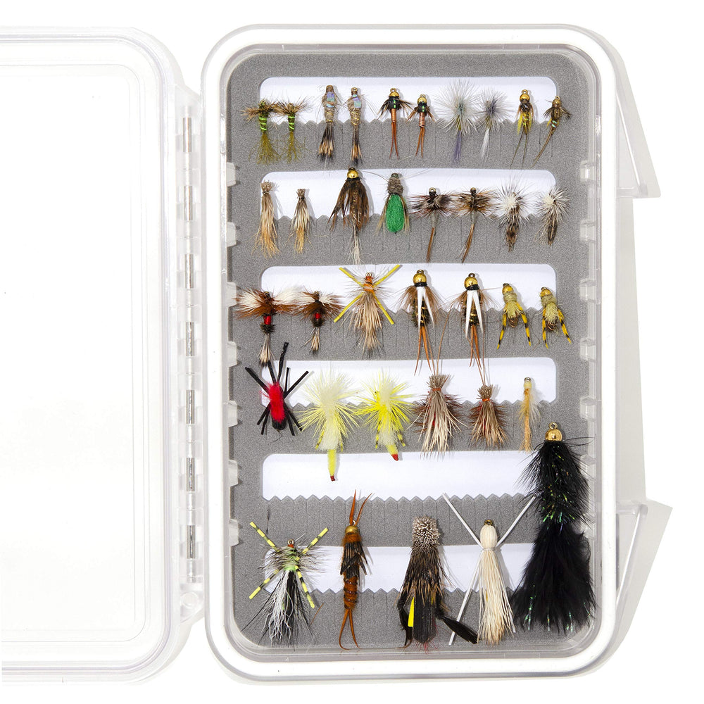 Outdoor Planet 36-piece fly box open with dries, wets, and nymphs for versatile trout fishing.