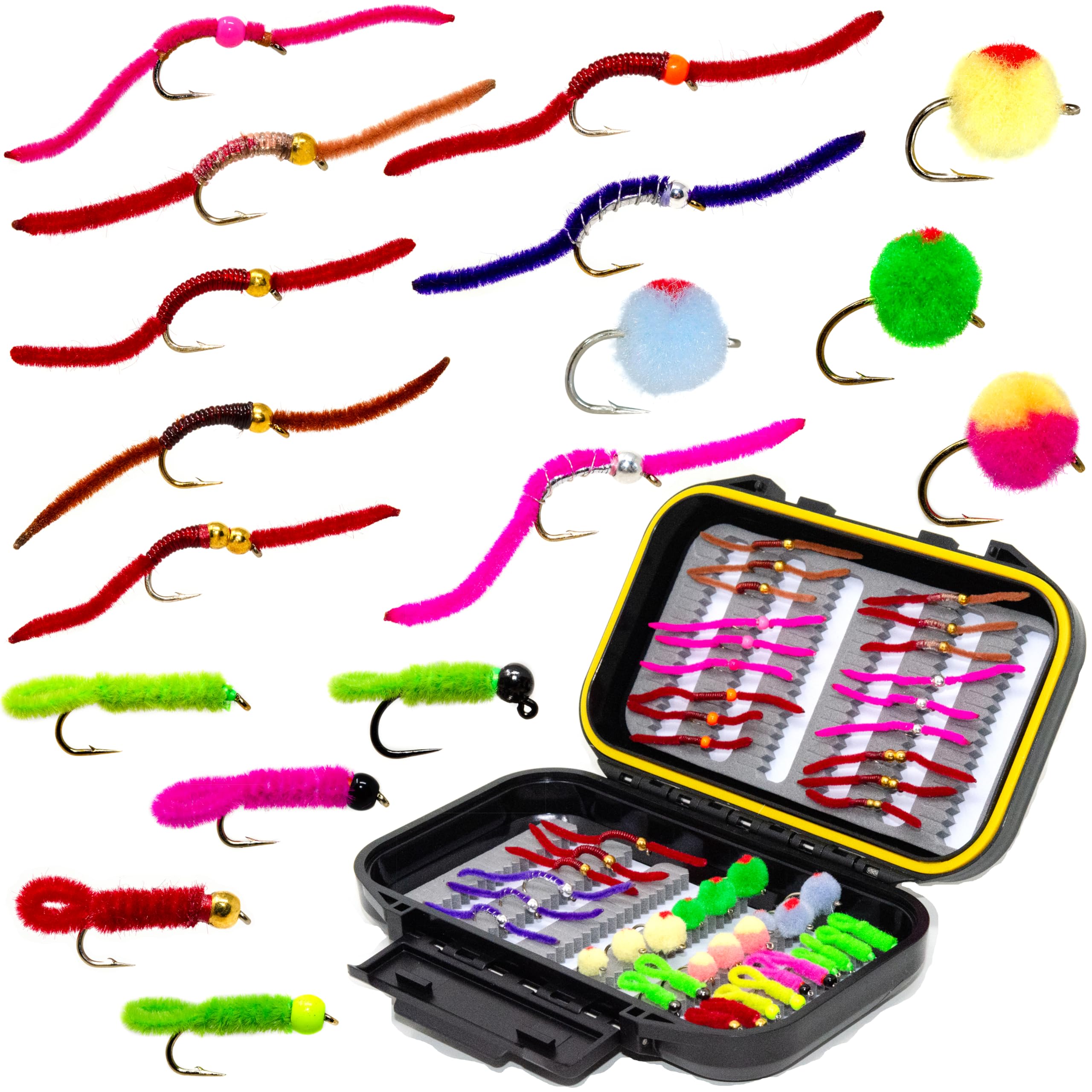 Outdoor Planet 48 Glo Bug Egg assortment shows diverse wet flies for trout fishing