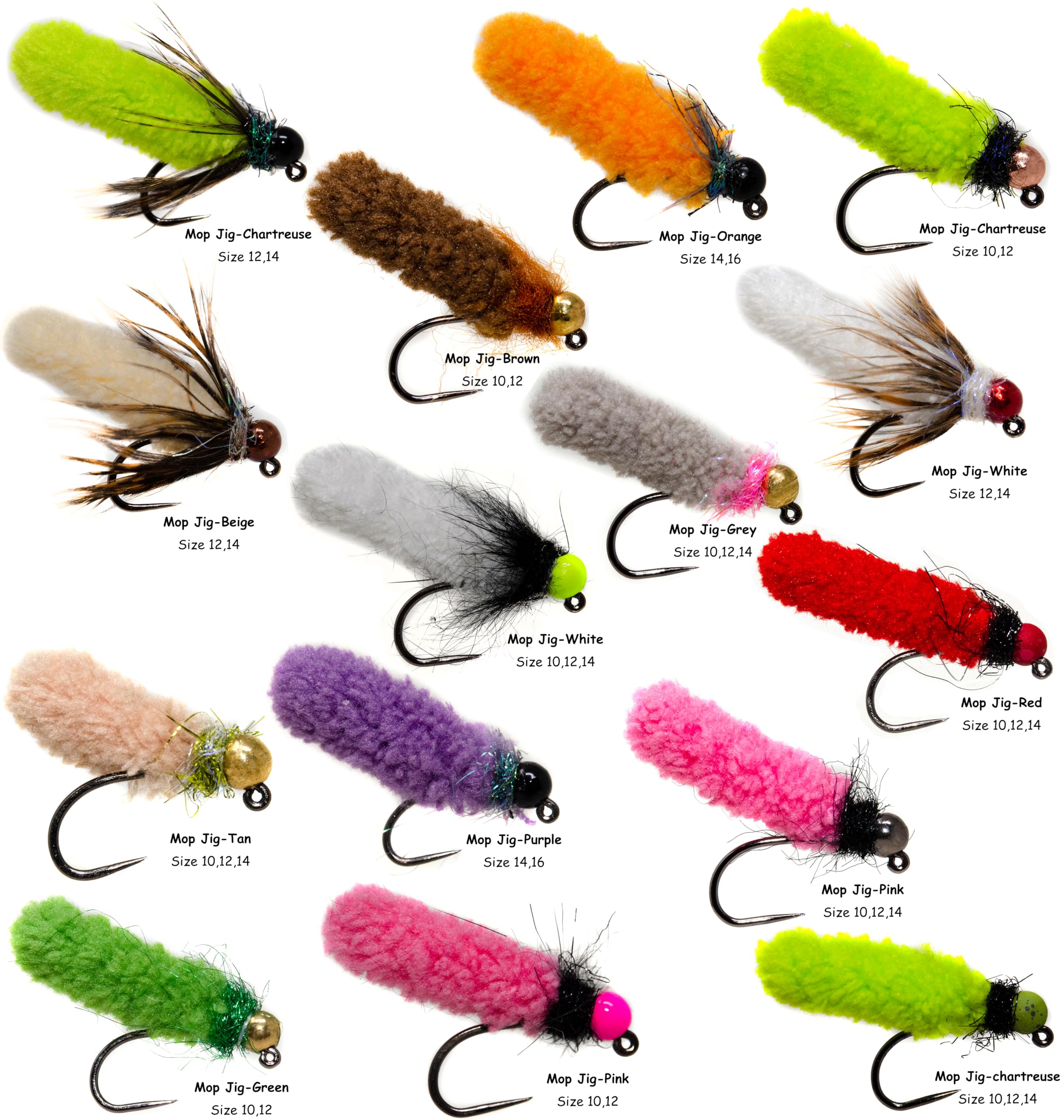 Close-up of Mop Flies on tungsten bead jig hooks ready for deep-water fishing.
