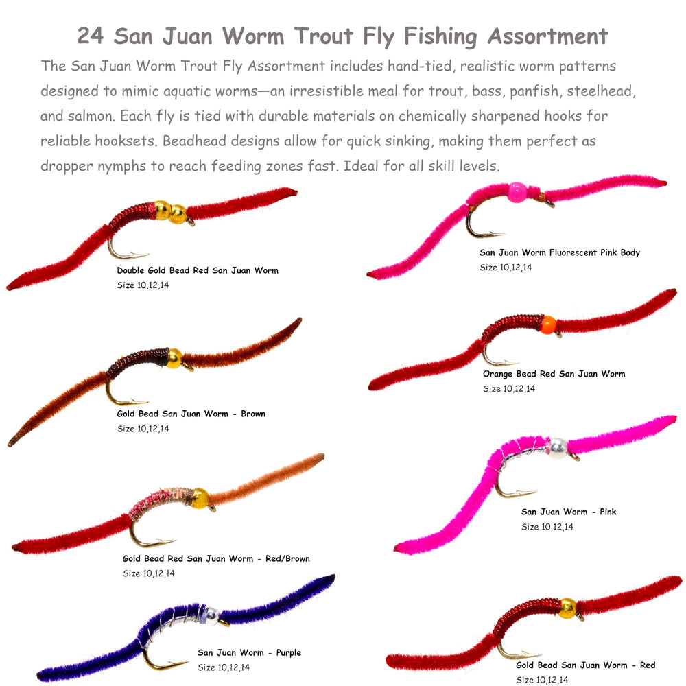Outdoor Planet San Juan Worm Power Bead Trout Fly assortment for versatile freshwater fishing.