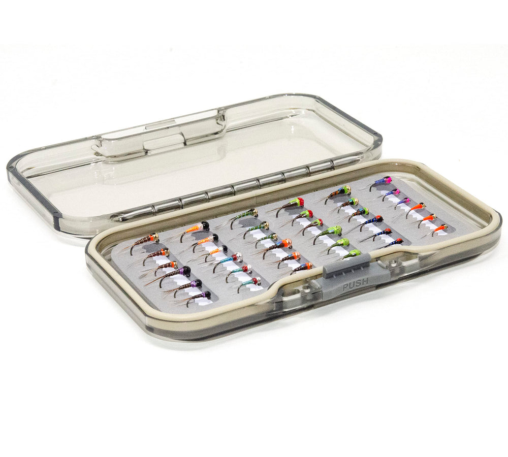 Outdoor Planet trout and grayling fly assortment in a compact dry fly box.
