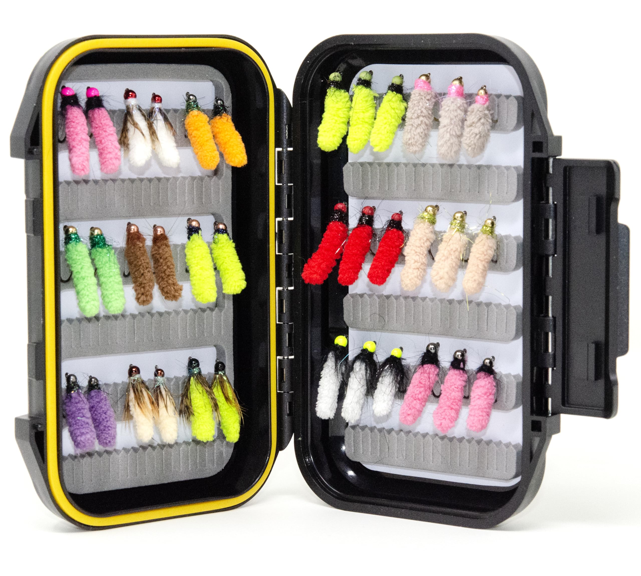 Outdoor Planet waterproof fly box opened, showing secure high-capacity fly storage.
