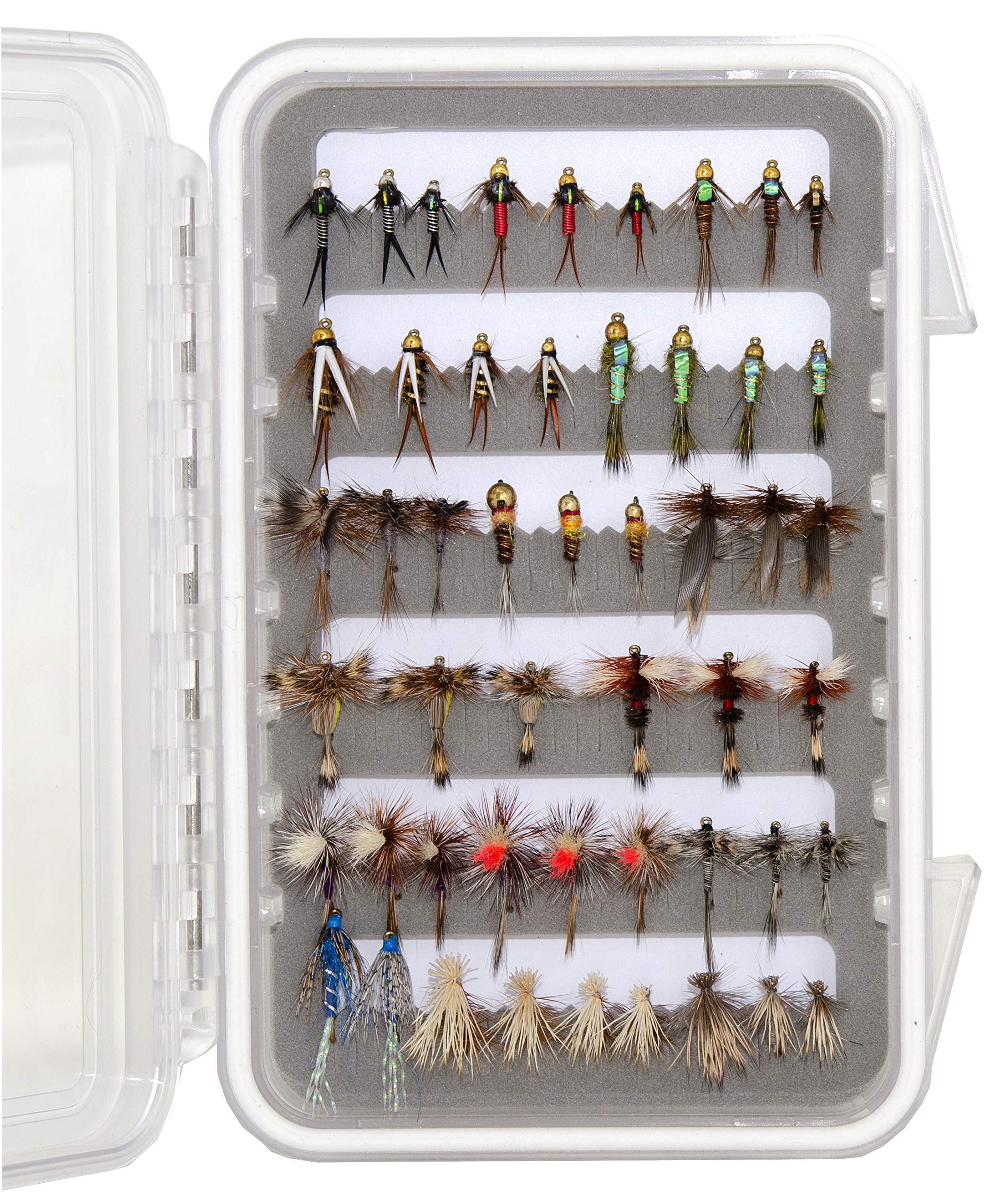 Outdoor Planet waterproof fly box showcasing the 50 premium flies for organized on-water use