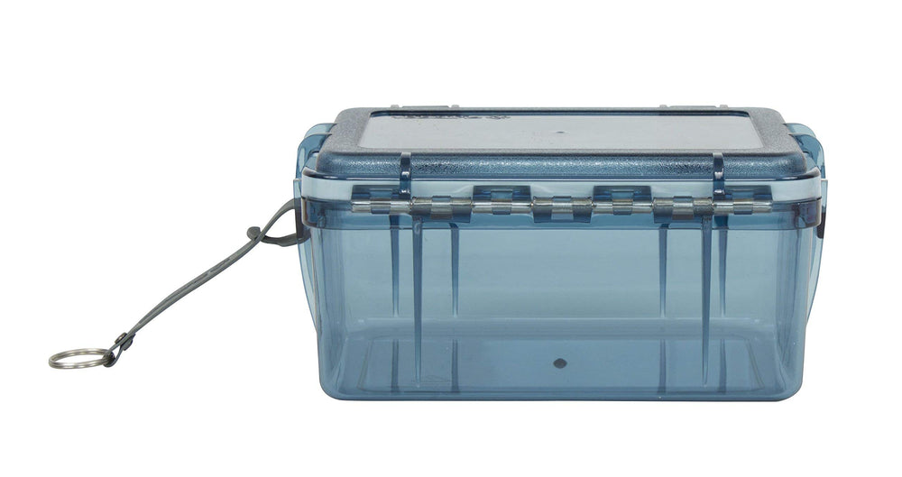 Outdoor Products Watertight Box clip attachment demonstrates secure carry on dock or boat.