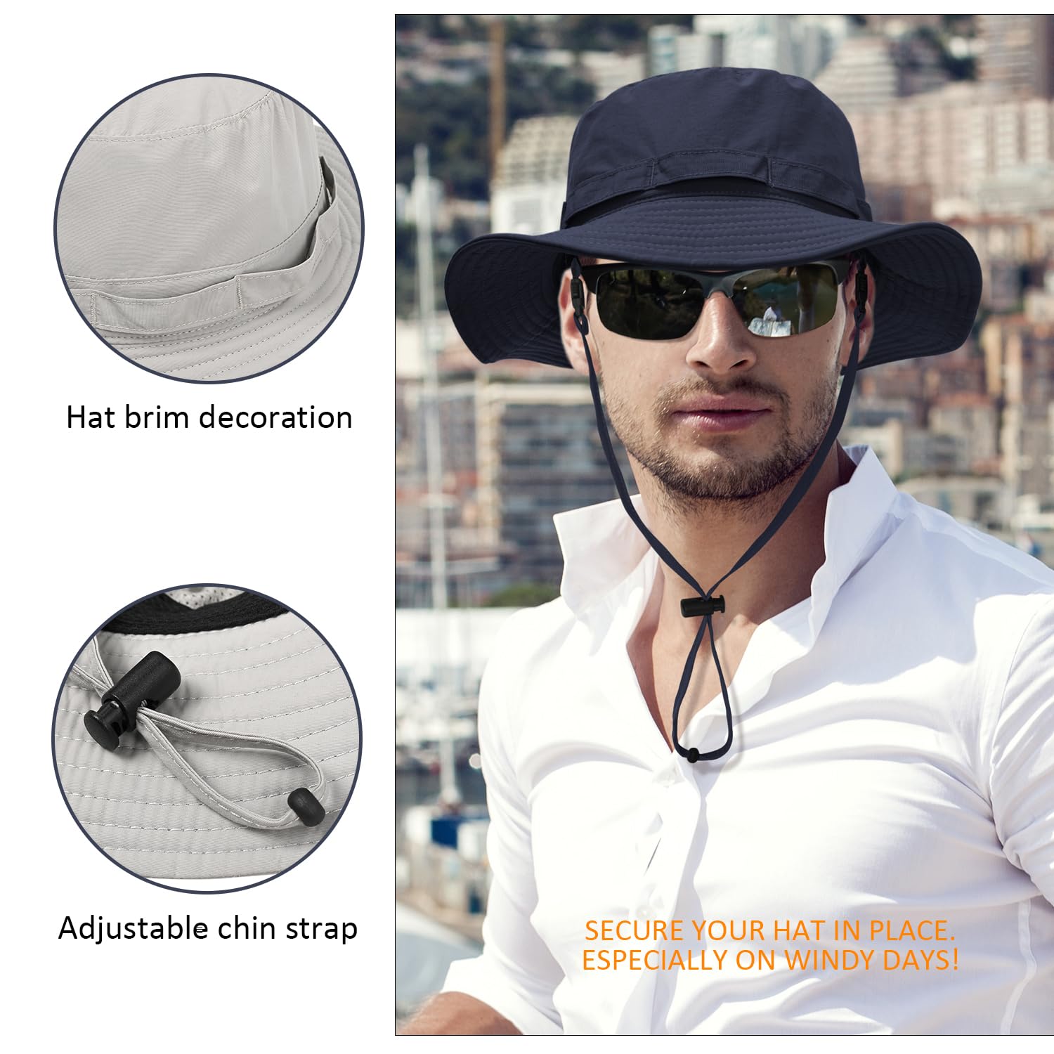 Close-up of waterproof quick-drying fabric and adjustable chin strap