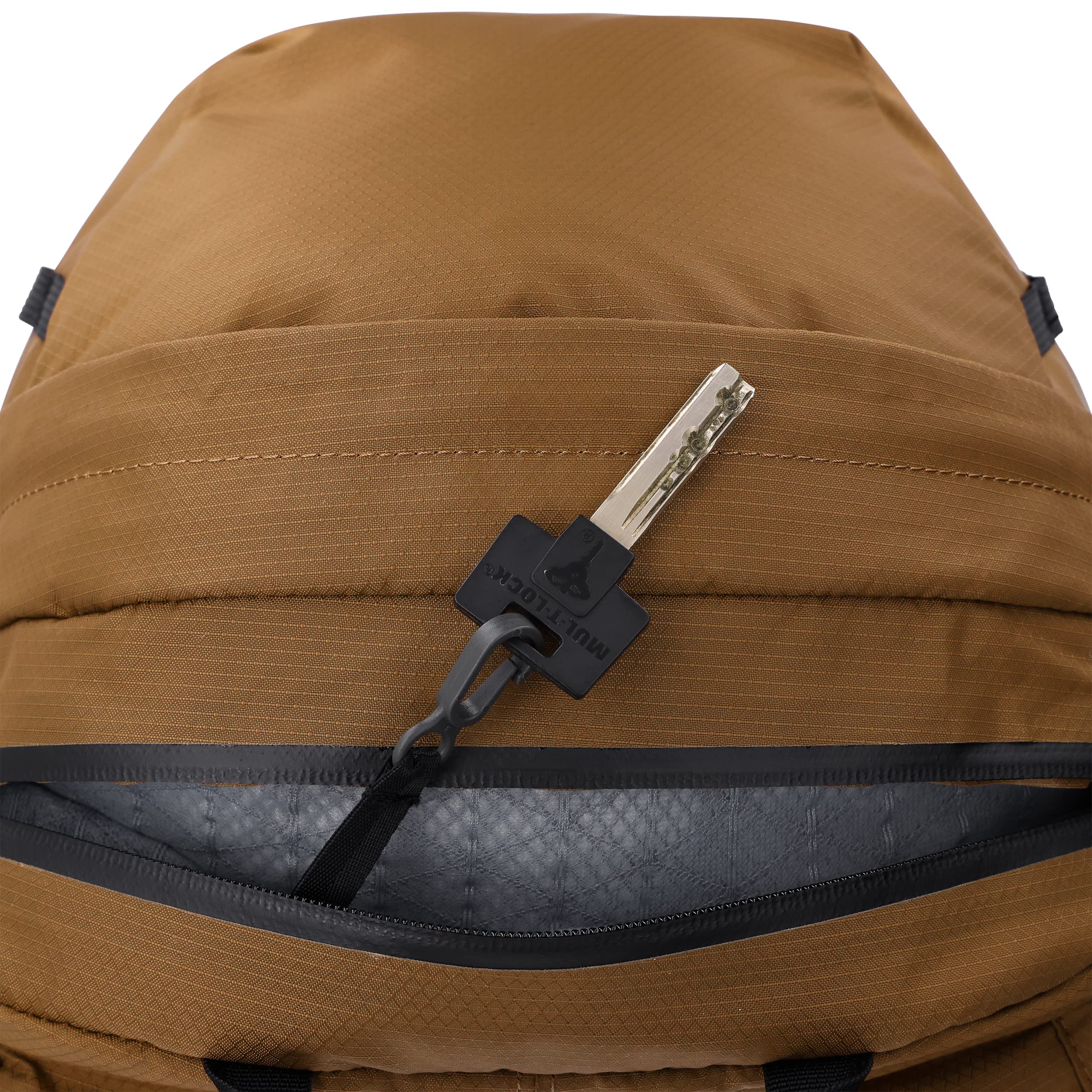 Outdoor Research Adrenaline Day Pack 20L in Coyote, water bottle pocket in use