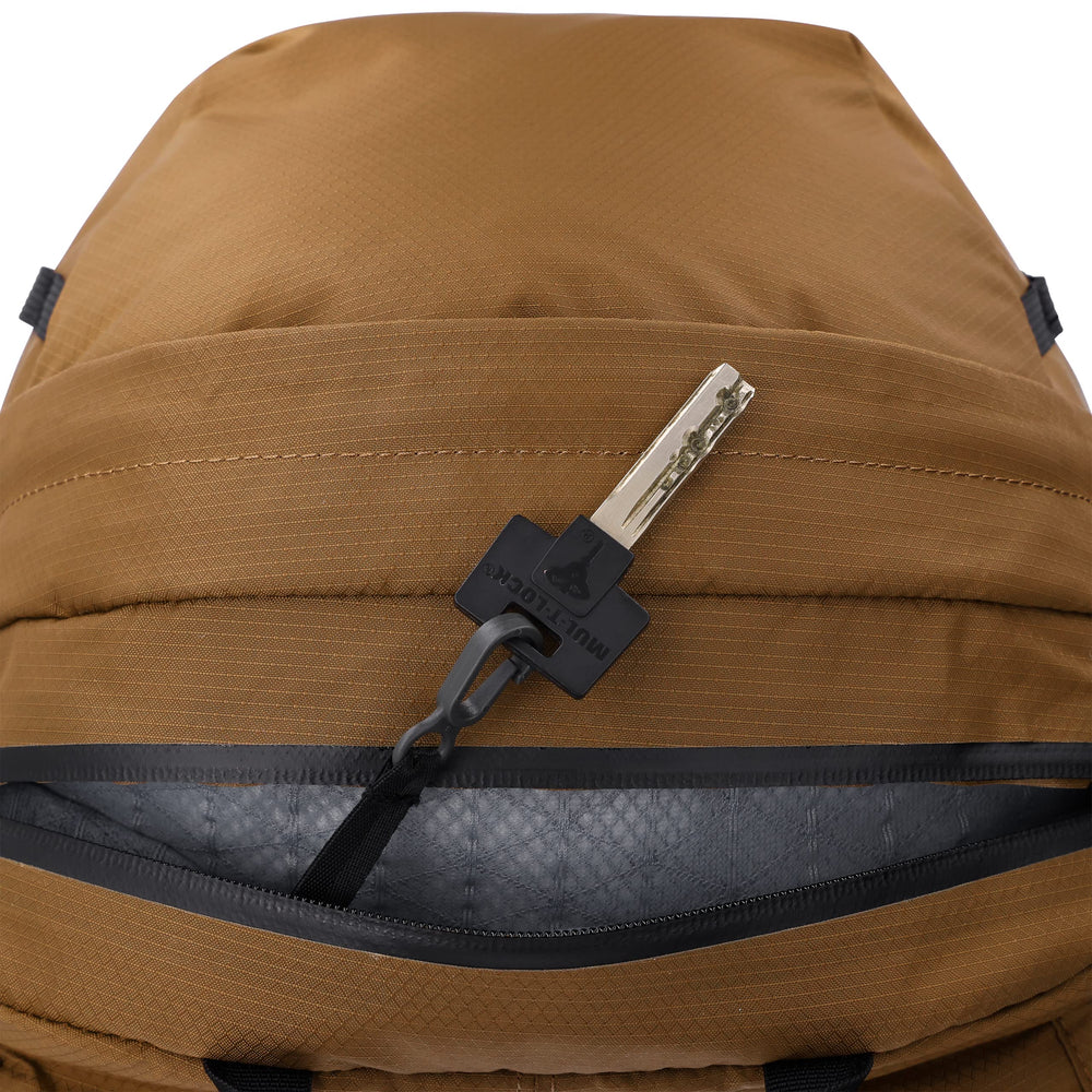Outdoor Research Adrenaline Day Pack 20L in Coyote, water bottle pocket in use