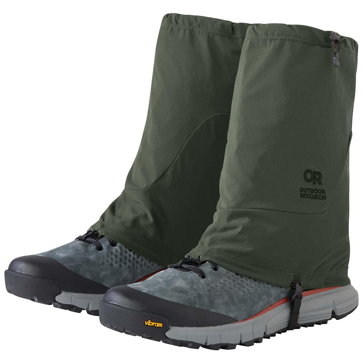 Outdoor Research Bugout Ferrosi Thru gaiters, green, attached to boots for insect protection and reliable fit