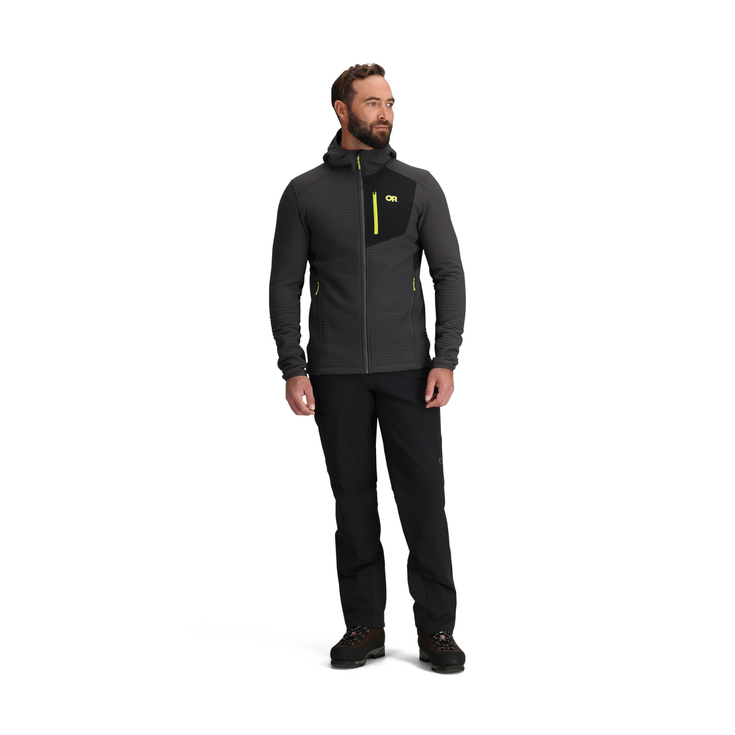 Water- and wind-resistant material shown in action for unpredictable weather on the trail