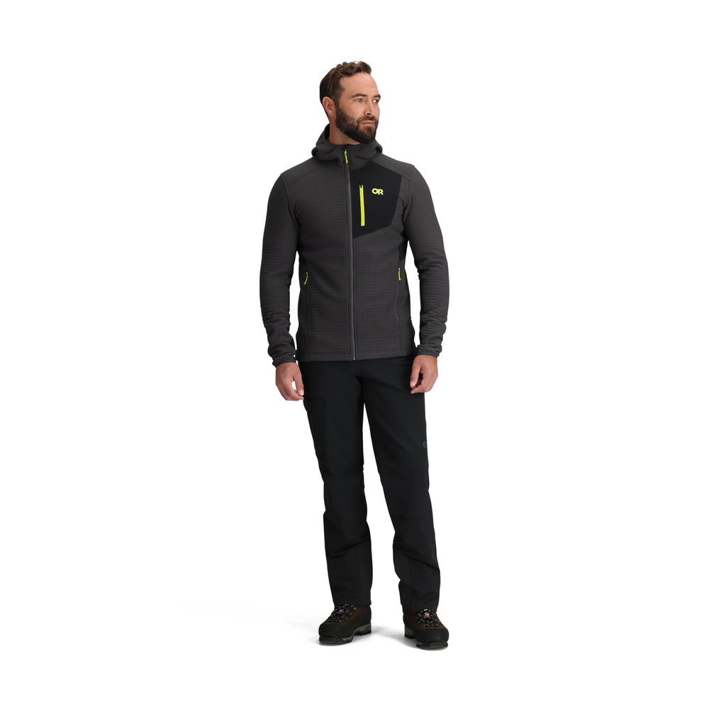 Water- and wind-resistant material shown in action for unpredictable weather on the trail