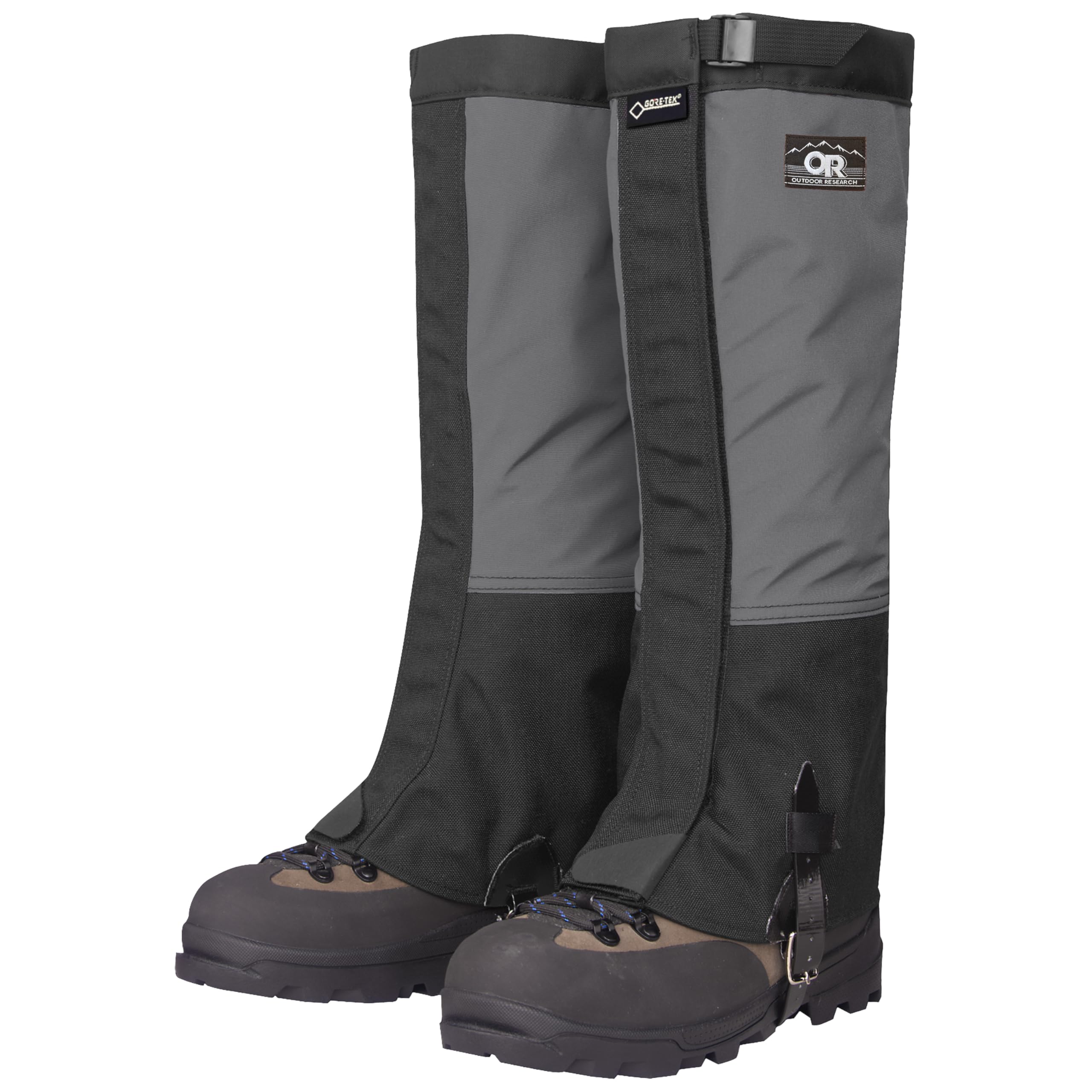 Outdoor Research Crocodile Classic Gaiters on boot protect feet from rain and mud during hikes.