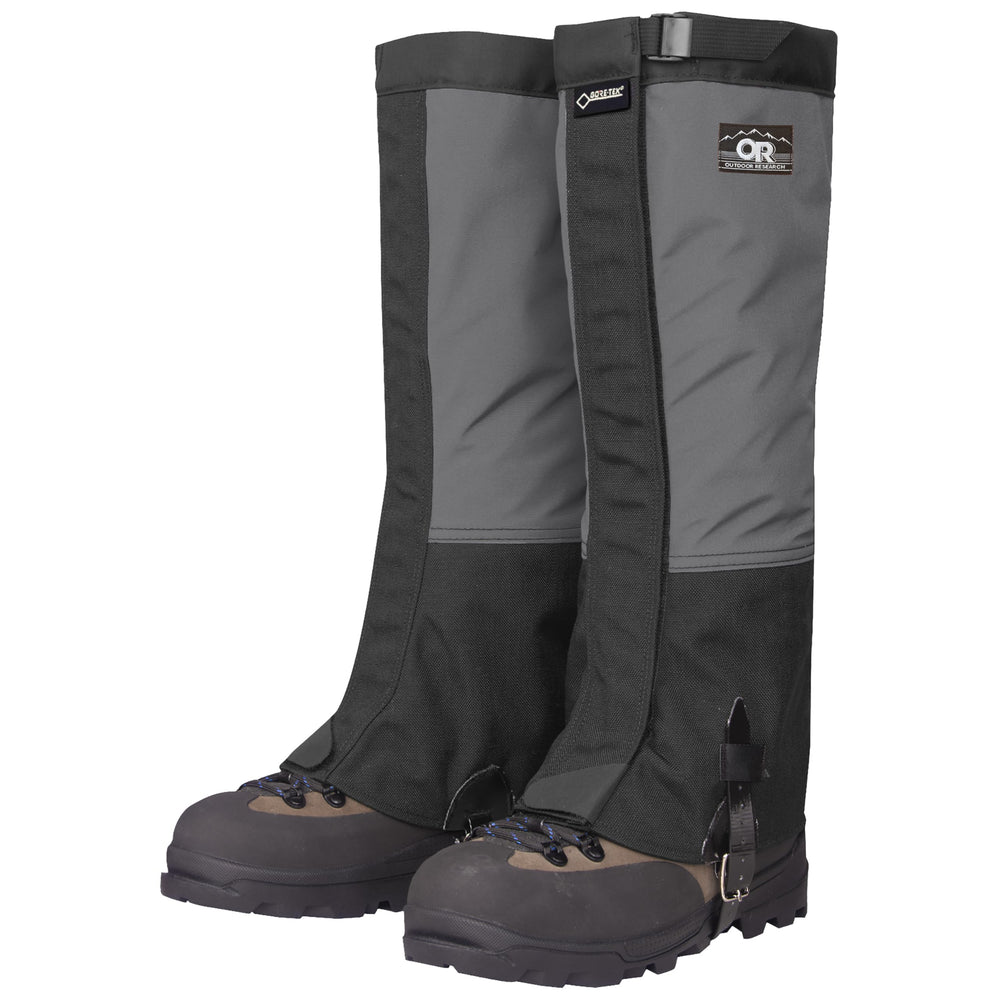 Outdoor Research Crocodile Classic Gaiters on boot protect feet from rain and mud during hikes.