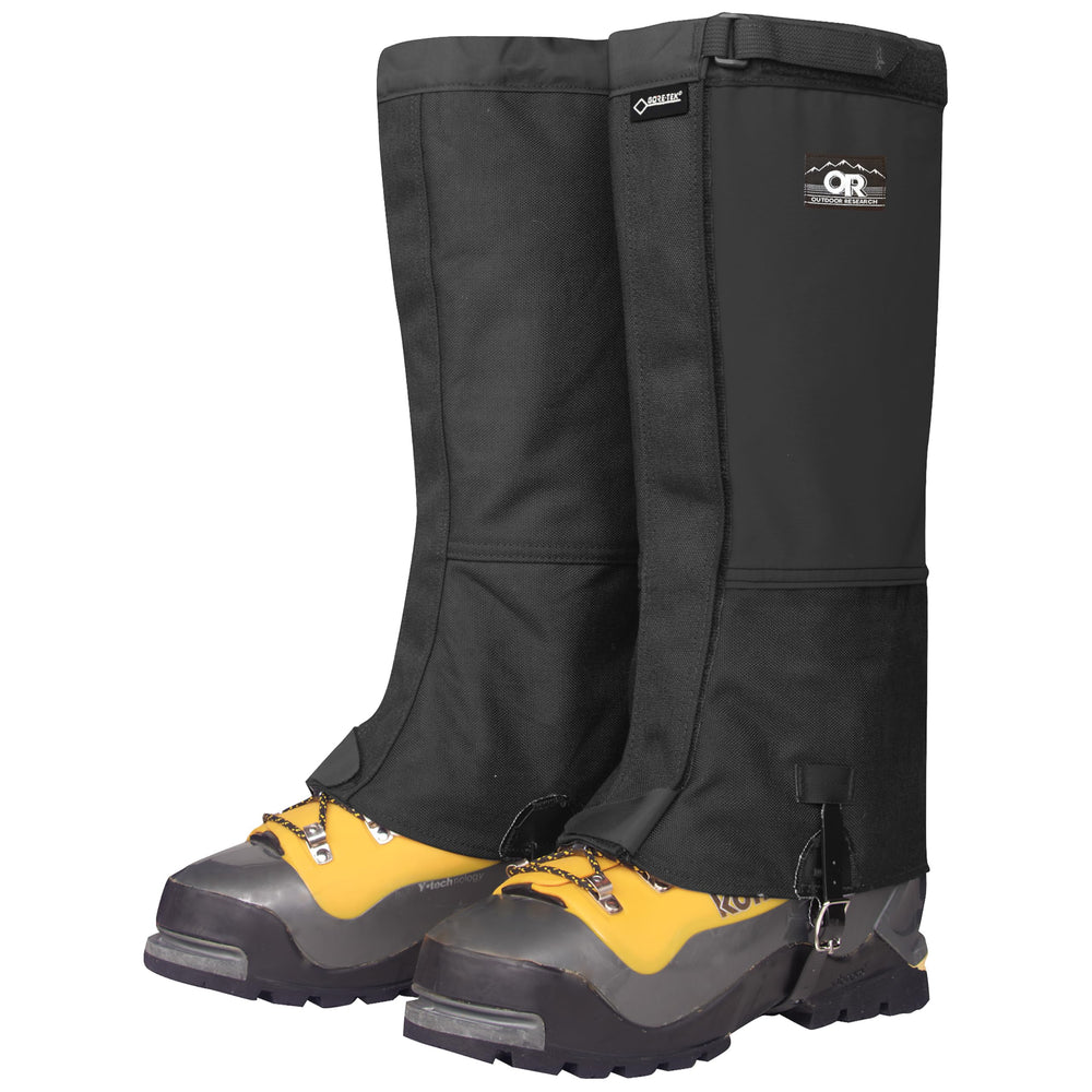 Outdoor Research Expedition Crocodile gaiters with front-closure—protect boots in rugged terrain.