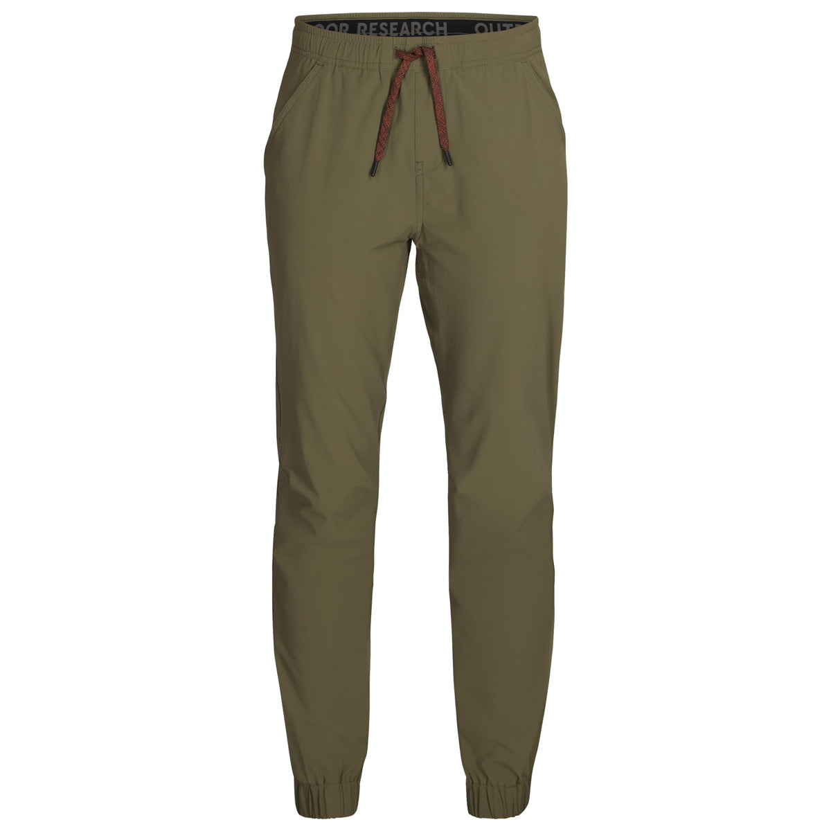Outdoor Research Ferrosi Joggers in Ranger Green, front view, tailored for outdoor adventures