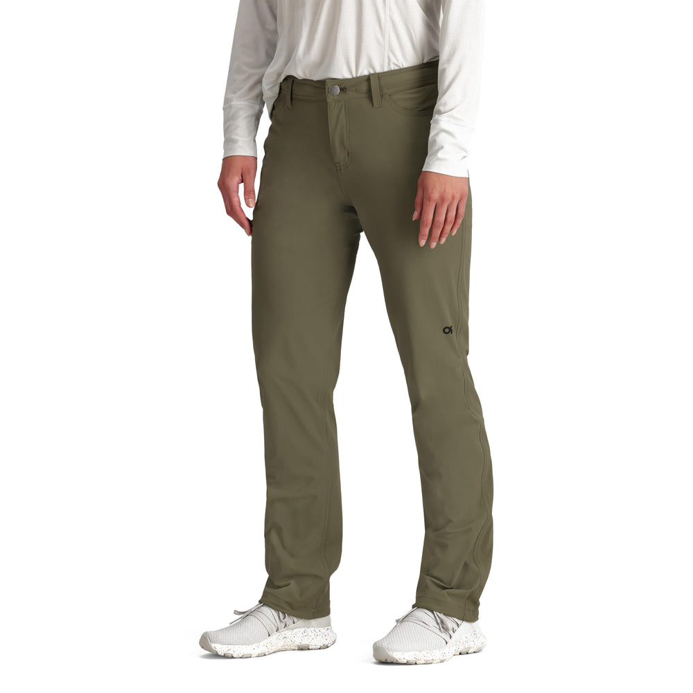 Outdoor Research Ferrosi Pants back view in Ranger Green, showing articulated knee design.