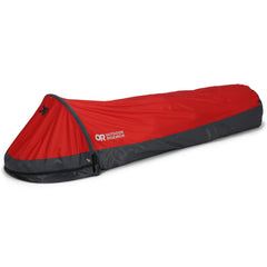 Outdoor Research Helium Bivy Cranberry packaged for compact travel
