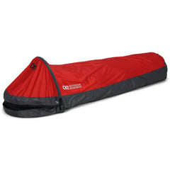 Outdoor Research Helium Bivy Cranberry logo and reflective trims visible at dusk
